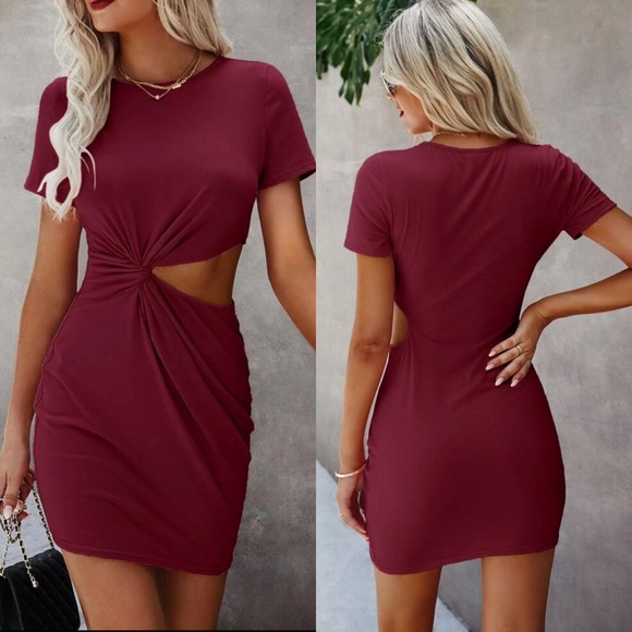 Short sleeve cutout twist knotted mini tee shirt dress - Picture 2 of 12